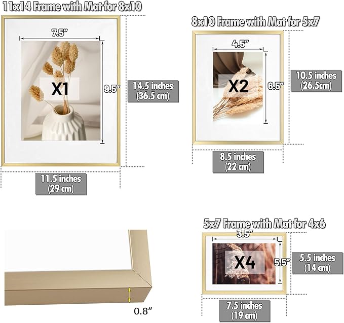 Golden State Art 7 Pack Gold Aluminum Frame with White Mat, Real Glass | Includes One 11x14, Two 8x10, Four 5x7 Frames with Sawtooth Hangers for Wall Mounting. Great for gallery wall