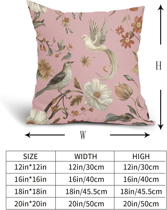 Kawani Vintage Floral Pillow Covers 16x16 Inch Set of 2 Pink Chinoiserie Flower and Bird Outdoor Decorative Throw Pillows Retro Rustic Pillowcases Farmhouse Cushion Covers for Couch Home Decor