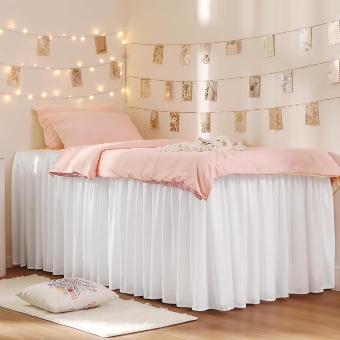 Dorm Bed Skirt Twin XL 22" Drop, College Dorm Room Essentials, White | Solid ruffled, Wrap-around/elastic, Wrinkle & Fade resistant, with Adhesive Strips, Gift Packed, Machine Wash/Dry/Iron