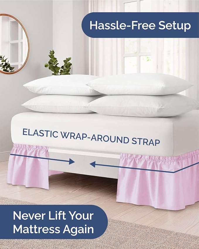 Wrap Around Dust Ruffle Bed Skirt, Queen Size - 21 Inch Drop, Light Pink | Easy Fit Elastic Strap, Adjustable Pleated Bedskirt w/Brushed Fabric, Wrinkle & Fade Free, for Women, Men, Kids & Teens