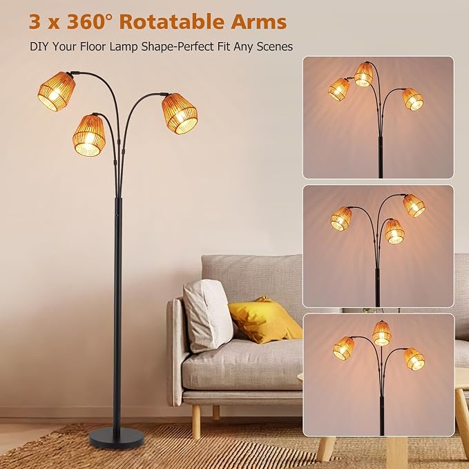 9MMML Vintage Black Arc Floor Lamp with Rotatable Arms & Rattan Lampshade, 3-Light Mode Rotary Switch Adjustable, 72.5'' Tall Standing Lamp for Living Room, Bedroom, E26 Base