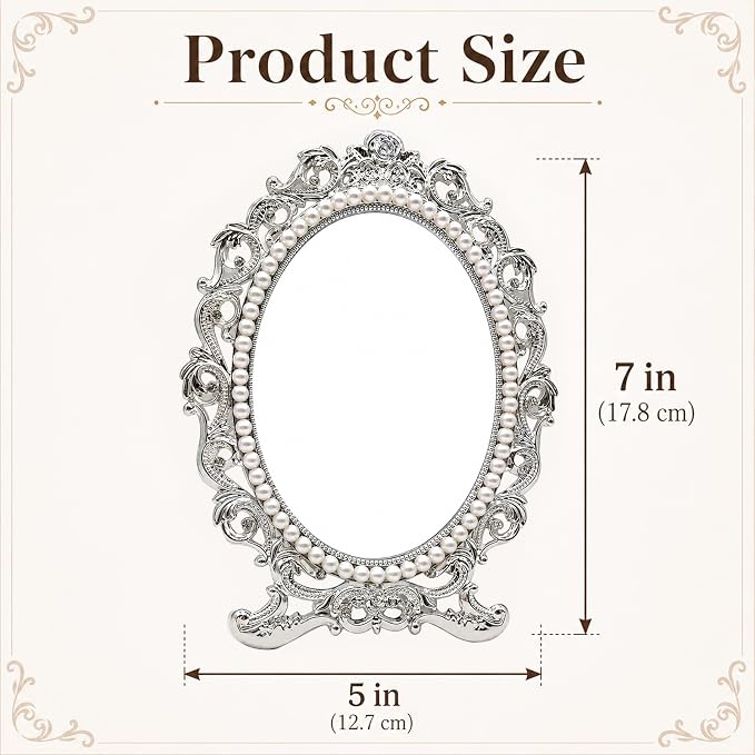 Vintage Vanity Makeup Mirror for Desk - Antique Small Table Decor, Silver | Art Nouveau Decorative with Stand, Frame for Tabletop Office Bedroom Furniture Room Bathroom Home Wall Dresser Accessories