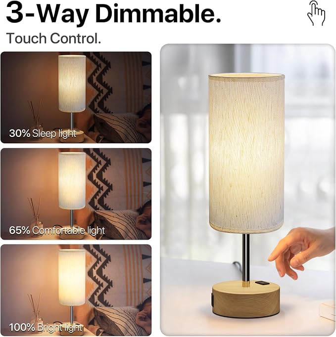 KPQ Bedside Lamp Touch Control Table Lamp with USB A+C Charging Ports & AC Outlet 3-Way Dimmable Nightstand Lamp with Linen Fabric Shade (Beige Shade-Wood Base, 14" Small Size Touch Control)