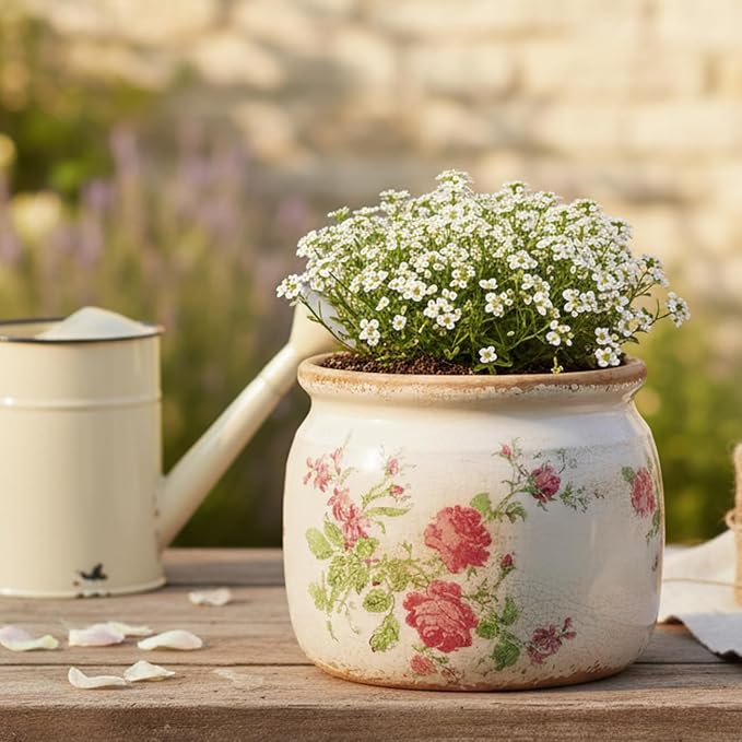 Decorative Pink Vintage Floral Pots, Ceramic Garden Pots with Drainage | Grandma Flower Pots for Indoor Plants, Succulent & Herb Pots, Crackle Glaze Pottery, Maximalist Chic Decor, Mom Gifts