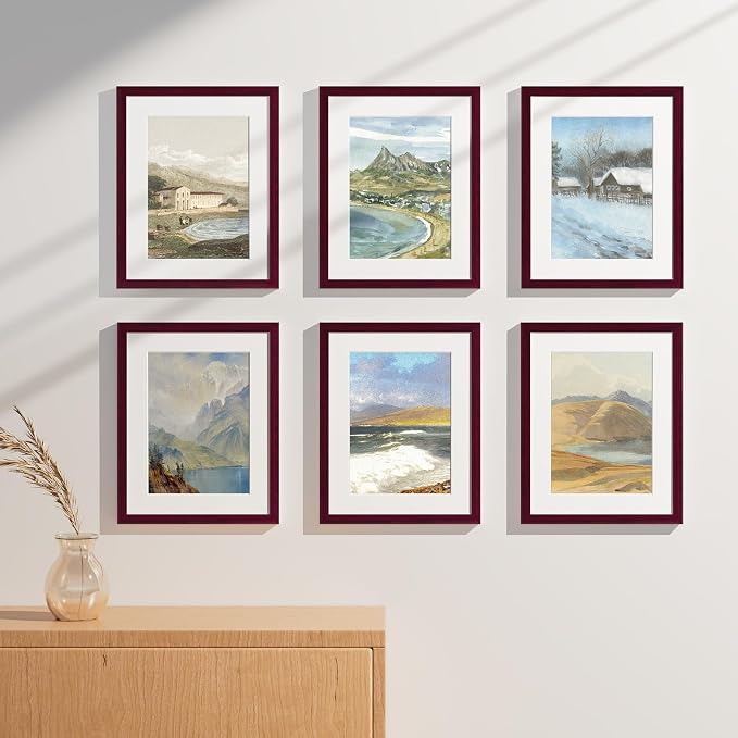 Vittanly 11x14 Picture Frames Set of 9 for Wall Mounting, Cherry Red | Display Pictures 8x10 with Mat or 11x14 without Mat, Engineered Wood with Shatter Resistant Plexiglass, Gallery Photo Frames