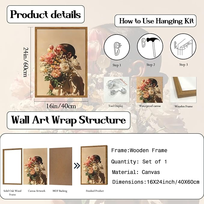 Framed Black Girl Floral Wall Art, Moody African American Holding Flower Pictures Wall Decor, Trendy Romantic Black Woman Paintings Canvas Prints Aesthetic for Living Room Bedroom 16x24 inch