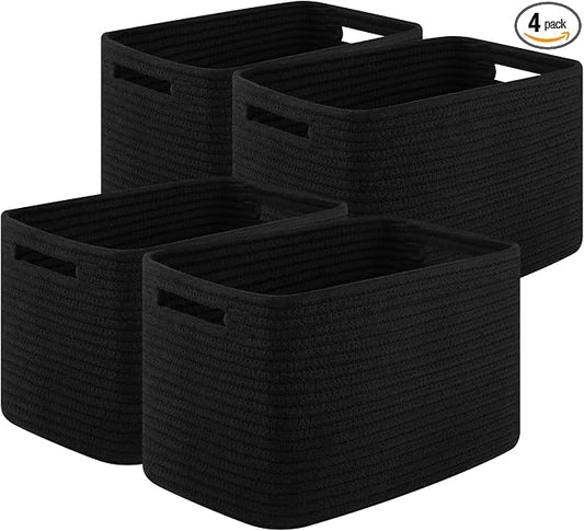 OIASKET 4Packs Natural Cotton Rope Storage Baskets for Organizing Toys, Clothes, Towels & Books, Soft Versatile Organizers for Shelves, Home Decorative Bins, 13''Lx9''Wx7.8''H, Black