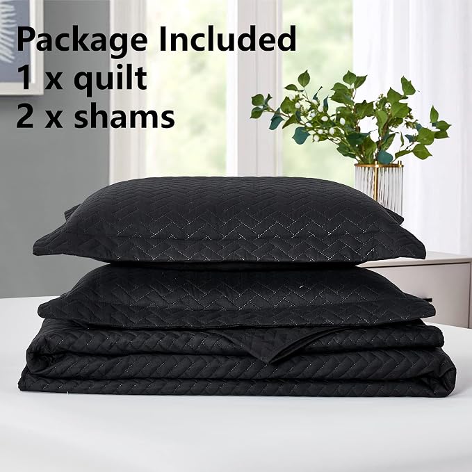 Maple&Stone Black Quilt Set King Size, Lightweight Bedspread | Breathable Coverlet with Chevron Pattern, All-Season Dorm Bed Cover Set Bedding Decor 3 Piece