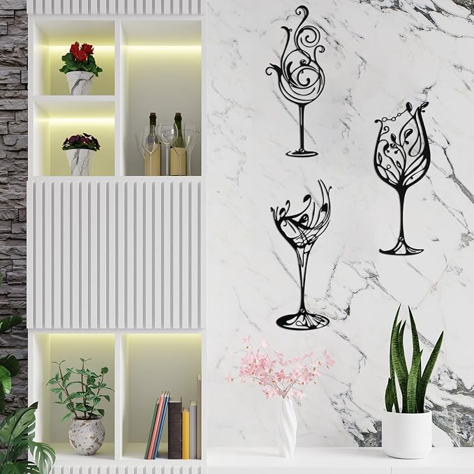3 Pcs Wine Wall Art Black Metal Wine Sign 3 Style Modern Metal Bar Decor for Wall Drinker Gift for Dining Room and Entertaining Spaces(Classic)