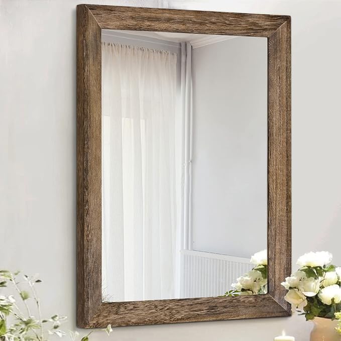 AAZZKANG Rustic Wood Mirror Rectangle Decorative Wall Mirrors with Frame Large 26"x18"for Bedroom Living Room Bathroom Entryway Hanging Brown | Decorative Bedroom Living Room Bathroom Entryway Hanging Brown 26"x18"