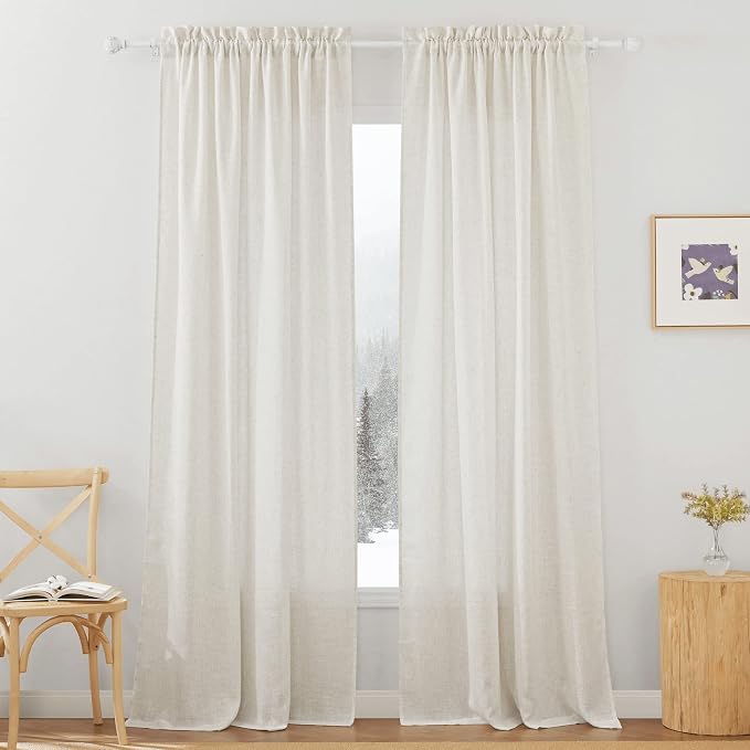 RYB HOME Light Filtering Curtains 84 inches Long for Farmhouse | Linen Semi Sheer, Curtains for Living Room Bedroom, Privacy Soften Sunlight Drapes, W52 x L84, Linen, 2 Panels