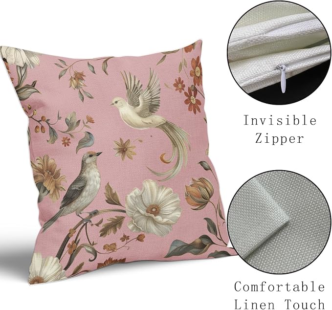 Kawani Vintage Floral Pillow Covers 16x16 Inch Set of 2 Pink Chinoiserie Flower and Bird Outdoor Decorative Throw Pillows Retro Rustic Pillowcases Farmhouse Cushion Covers for Couch Home Decor