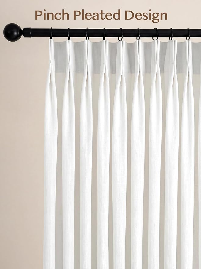 Liz Pinch Pleated Linen Curtains 92 Inches Long, Light Filtering Curtains for Living Room, Farmhouse Window Curtains for Bedroom, Modern Drapes with Hooks and Rings, White, 2 Panels Set