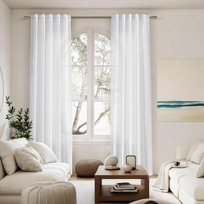 White Farmhouse Decor Curtains 63 Inch Length for Living Room Linen Blend Light Filtering Curtains Back Tab and Rod Pocket Textured Curtain for Bedroom 34 X 63, 2 Panels