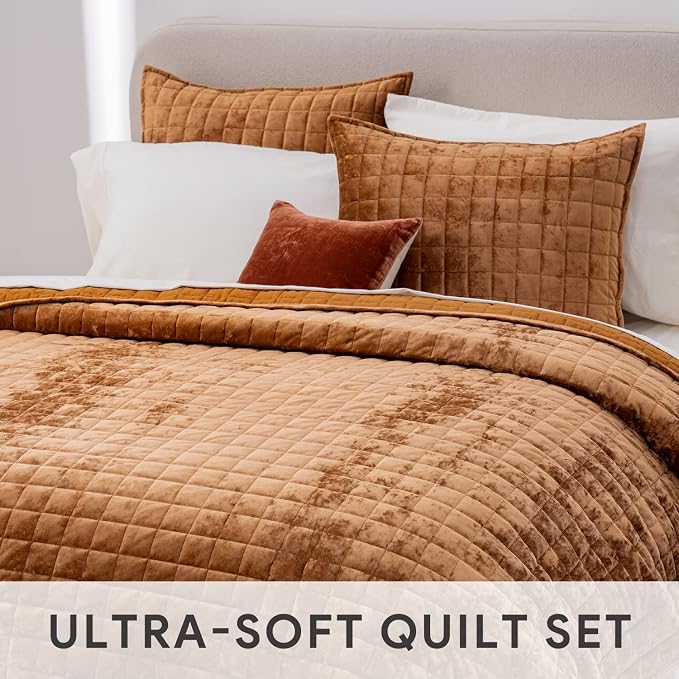 RECYCO Channel Box Stitch Velvet Quilt Set, King Size, Rusty Burnt Orange | Ultra Soft Lightweight Velvet Comforter, Luxury Oversized Bedspread Coverlet, Quilted Bedding Set for All Season with 2 Shams