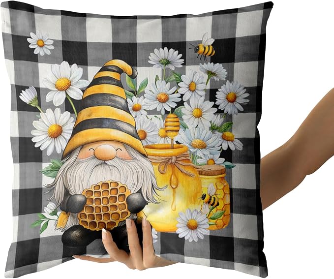 Giwawa 2PCs Bee Gnomes Pillow Covers 20"x20" Spring Daisy Summer Honey Elf Square Pillowcases Black White Buffalo Plaids Cotton Throw Cushion Covers for Sofa Couch Patio Porch Decor