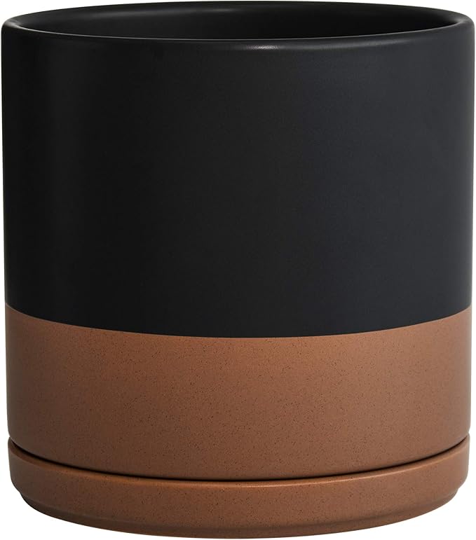 D'vine Dev 8 Inch Ceramic Planter Pot, Black/Tan, 94-O-D-7 | Modern Cylinder Design, Drainage Hole & Saucer Included, Stable Structure, Elegant Home Accent