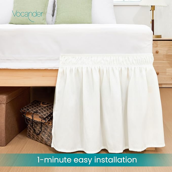 Vocander Cream Full Bed Skirt 14 Inch Drop, Elastic Wrap Dust Ruffle | Hides Underbed Storage, No Mattress Lifting, Elastic Stays Put, Soft Fabric, Machine Washable, Polished Look