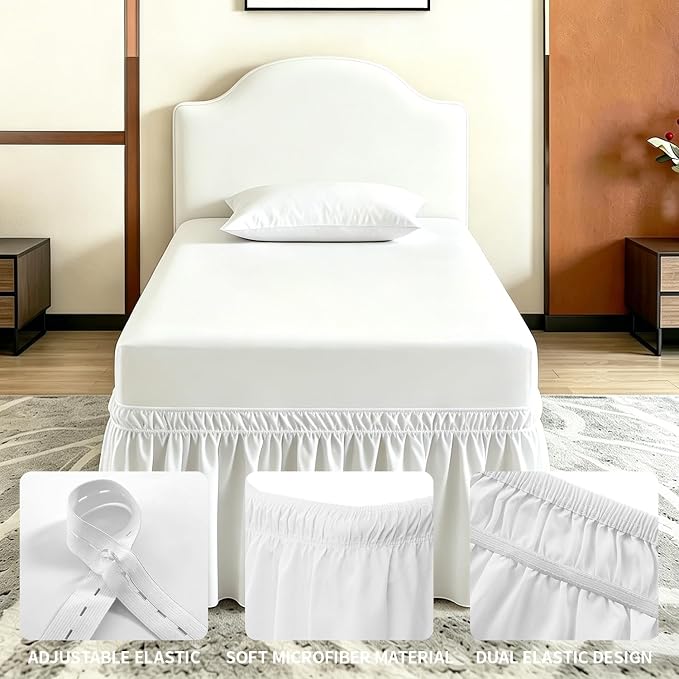 ANARACHON Dorm Bed Skirt Twin XL 30 Inch Drop, 100% Microfiber Extra Long College Dust Ruffle Bedskirt for Adjustable Beds, Elastic Wrap Around Design, White
