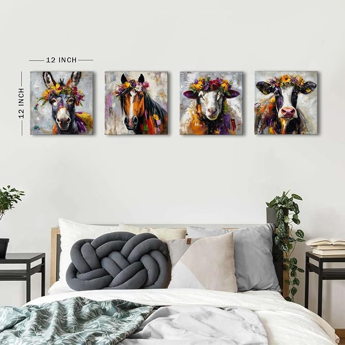Abstract Animals Wall Art Colorful Cow Picture for Kitchen Rustic Farmhouse Horse Donkey Sheep Canvas Wall Decor Country Farm Animal Posters Modern Artwork Living Room Home Decoration 12x12” 4Pcs