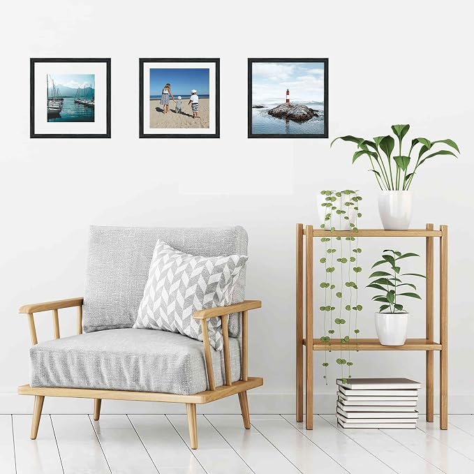 12x12 Picture Frame Set,Solid Wood,Not Glass,Display Pictures 8x8,10x10 with Mat or 12x12 Without Mat,Stable Sturdy Square Hanging Picture Frames for Wall Mounting or Tabletop (Black,12x12,Set of 2)