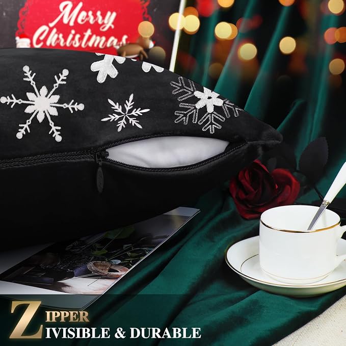 BRAWARM Christmas Pillow Cover 20 X 20 Inches, Black Snowflake Embroidered Pillow Cover, Soft Velvet Decorative Throw Pillow for Couch Bed Sofa Living Room Home