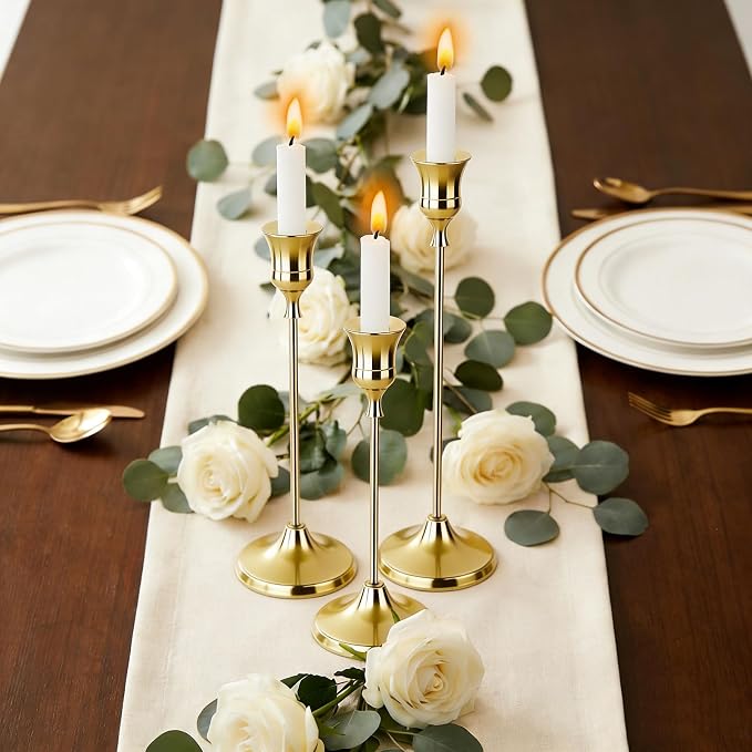 2 Sets Candle Holder Gold Candlestick Holders -Vintage Modern Metal Taper Candle Holders, Decorative Centerpiece for Table Mantel, Wedding Kitchen Home Decor, Wedding Gift,6Pcs