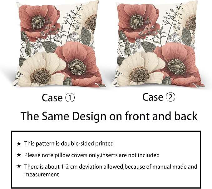 Vintage Flower Pillow Covers 20x20 Inch Rustic Floral Botanical Pattern Throw Pillow Covers Set of 2 Farmhouse Pillowcases Cotton Linen Cushion Covers for Couch Bed Sofa Chair Indoor Outdoor Decor