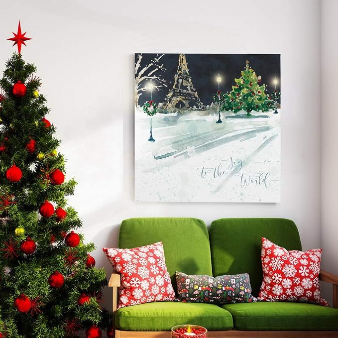 Renditions Gallery Canvas Wall Art Paintings for Home Decorations Snowy Paris Street in Christmas Night Abstract Artowrk for Living Room Home Kitchen Wall Decor - 32"X32" LT05