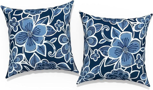 Outdoor Pillow Covers for Patio Furniture 20x20 Inch, Decorative Patio Throw Pillow Covers Set of 2, Modern Square Cushion Cases for Porch Garden Home Office,Flower Navy