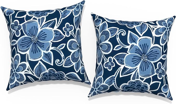 Outdoor Throw Pillow Covers 16x16 Inch, Square Patio Pillow Cases Pack of 2, Modern Decorative Back Cushion Covers for Patio Furniture Garden Couch Farmhouse,Flower Navy