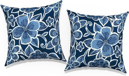 Outdoor Throw Pillow Covers 16x16 Inch, Square Patio Pillow Cases Pack of 2, Modern Decorative Back Cushion Covers for Patio Furniture Garden Couch Farmhouse,Flower Navy