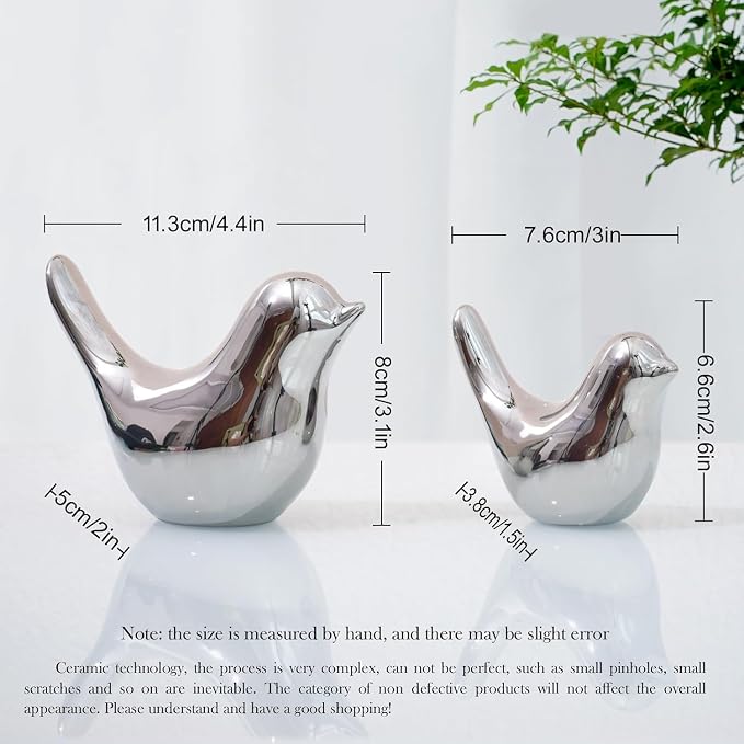 2 Pcs Ceramic Small Bird Figurines Modern Animal Statues for Home 、Room Decor and Bedroom Decor and Bookshelf Display (Silver)