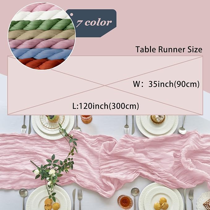 IVAPUPU Pink Table Runner 120 Inches for Wedding Birthday Party Home Decor | 2 Pcs Boho Gauze 10FT Cheesecloth Table Runners for Baby Shower Decorations Summer Garden Farmhouse