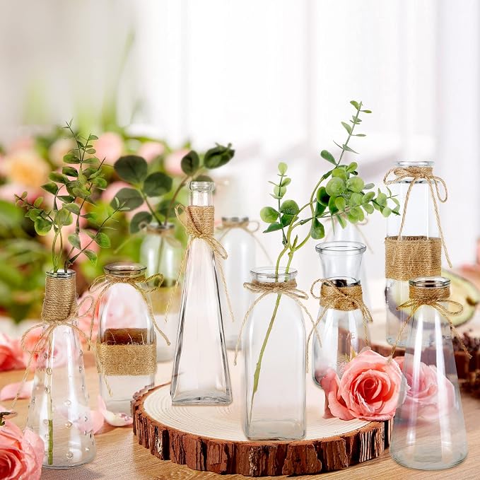 MDLUU Clear Glass Bud Vase in Bulk, 10Pcs Assorted Decorative Glass Bottles with Rope, Different Sizes Vintage Jar for Wedding Centerpiece, Party, Reception Table, Home Decor