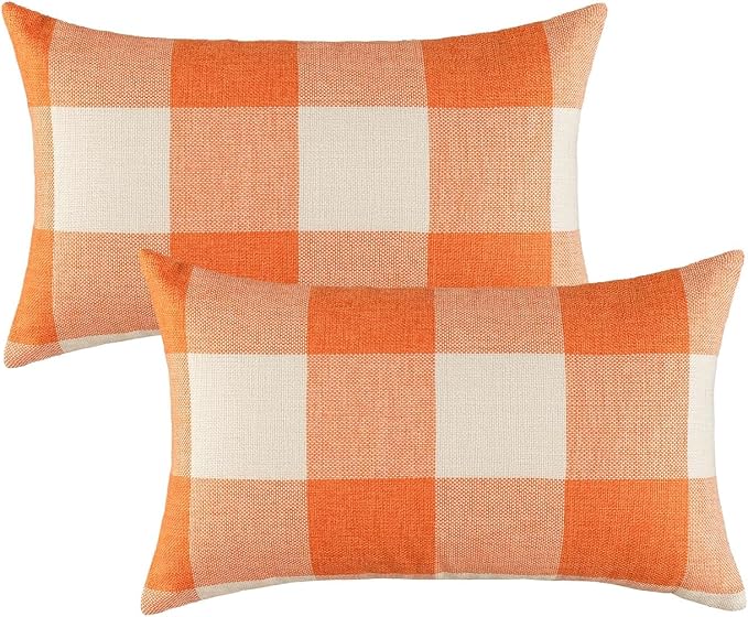 VAKADO Orange Buffalo Plaid Fall Throw Pillow Covers 12x20 Set of 2 | Orange buffalo check polyester, hidden zipper.Outdoor Fall porch decor for Thanksgiving. machine washable.