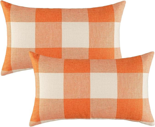 VAKADO Orange Buffalo Plaid Fall Throw Pillow Covers 12x20 Set of 2 | Orange buffalo check polyester, hidden zipper.Outdoor Fall porch decor for Thanksgiving. machine washable.