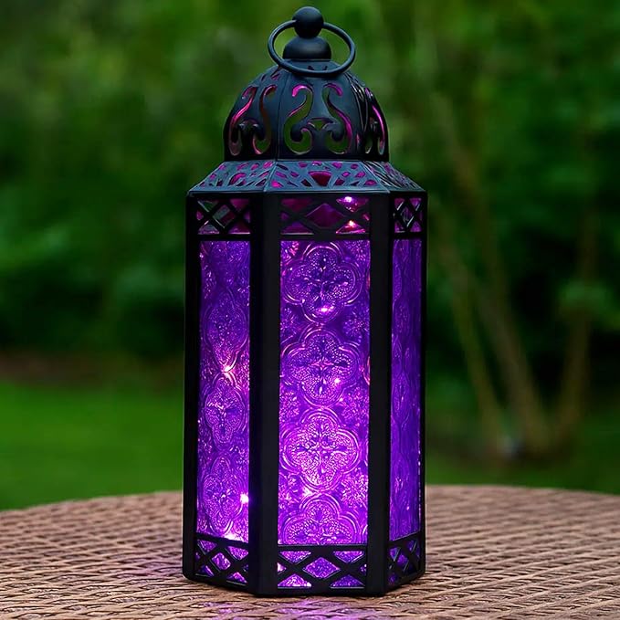 Vela Lanterns Purple Decor Candle Lantern Holder with LED Fairy Lights, M | Halloween Spooky Witch & Vampire Decor, Gothic Whimsigoth Home, Fantasy Flameless Moroccan Metal Hanging Lamp, 10.5" Tall
