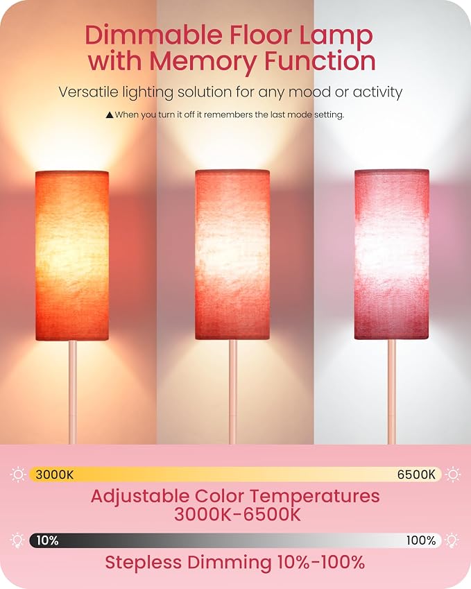 Dimmable Floor Lamps for Living Room with Remote and Foot Switch, 64.4” Modern Standing Tall Lamp, Corner Lamp for Bedroom, Bulb Included, 3000K-6500K, FCC Listed, Sakura Pink PCP06LD05W1