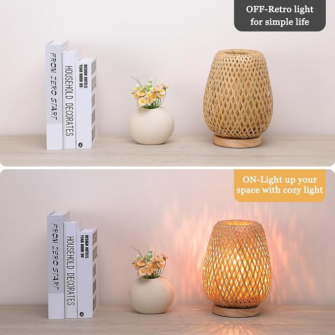 Rattan table lamp, 9.25''boho table lamp hand woven vintage willow wooden small bedside lamp, Bohemian bamboo woven nightstand desk lamp for bedrooms living rooms desks children's rooms hallway