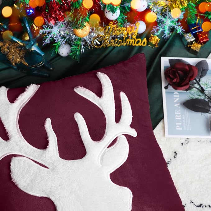 BRAWARM Christmas Pillow Cover 18 X 18 Inches, Burgundy Reindeer Embroidered Pillow Cover, Soft Velvet Decorative Throw Pillow for Couch Bed Sofa Living Room Home