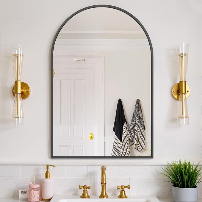 Bathroom Mirror for Wall, 38x26 Inch Arched Mirror, Matte Black Metal Framed Bathroom Vanity Mirrors for Restroom Farmhouse, Anti-Rust, Tempered Glass, Hanging or Leaning