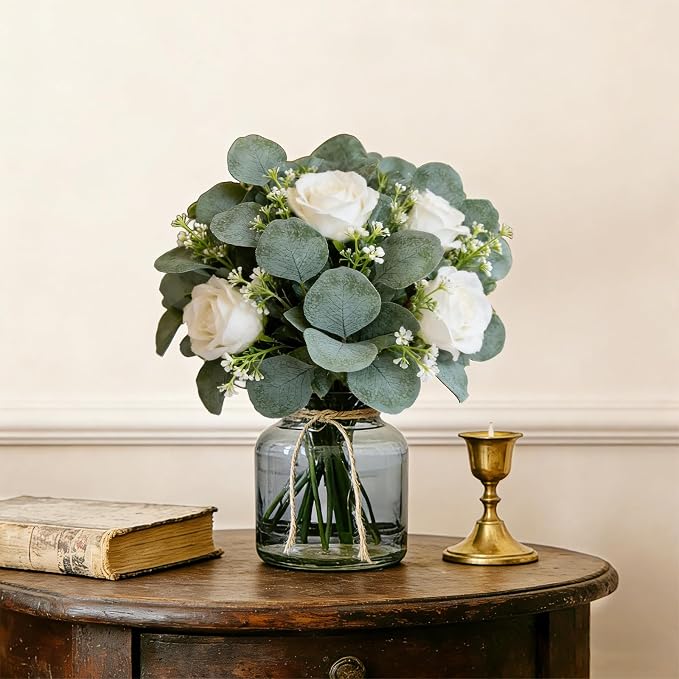 40 Pcs Faux Eucalyptus Leaves Stems Bulk Silver Dollar White Seed Artificial Greenery Stems Fake Sprays Branches for Wedding Table Centerpiece Bouquet Garland Floral Arrangement Home Decor