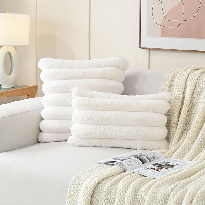 HAUSSY Pack of 2 Pillow Covers 16x16 Inch, Faux Fur Decorative Couch Throw Pillows Soft Striped Plush Cushion Covers Home Decor Cute Furry Pillowcase for Living Room Sofa Bed, Cream White