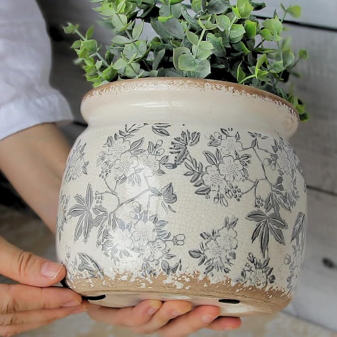 Vintage Ceramic Plant Pots, Old World Flower Pots for Indoor Outdoor Plants | 6.29" Retro Distressed Crackle Glaze Pottery Planter with Drainage, Farmhouse Floral Home Decor, Rustic Grey