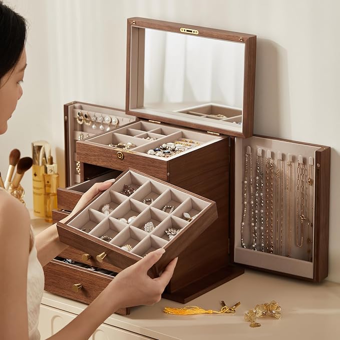 Black Walnut Wooden Jewelry Box for Women, 6 Layer | Locking Large Wood Jewelry Organizer with 2 Side Doors & Mirror, For Watch Necklace Ring Earring, Velvet-Lined, Gift