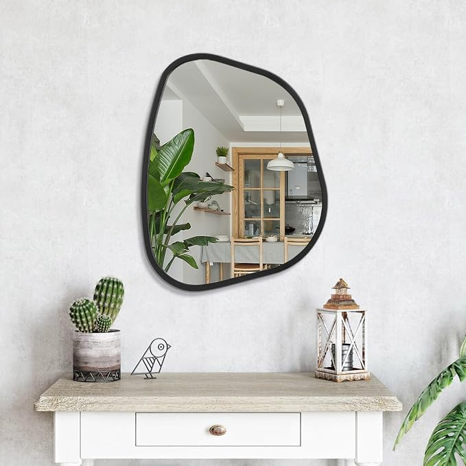 Black Asymmetrical Wall Mirror Large 20"x16" Irregular Oval Mirror Modern Wood Frame Unique Shape Wall Mounted Vanity Artistic Mirrors Decorative for Living Room Bedroom Bathroom Hallway