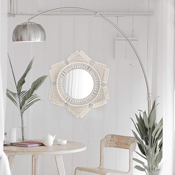 Flexzion Macrame Wall Hanging Mirror, 20 Inch Round Decorative Mirror | Boho Sunburst Wall Decor with Hand-Woven Cotton-Rope Fringe and a 9-Inch Glass Mirror; 20-Inch Overall Diameter