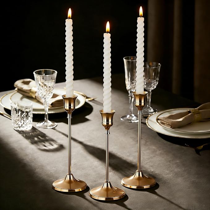 2 Sets Candle Holder Brass Metal Candlestick Holders -Vintage Modern Metal Taper Candle Holders, Decorative Centerpiece for Table Mantel, Wedding Kitchen Home Decor, Wedding Gift,6Pcs