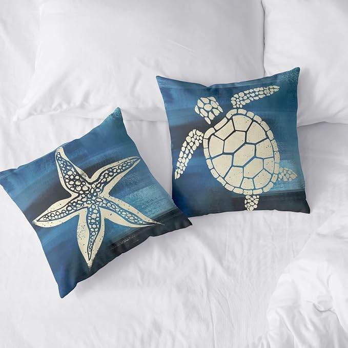 Coastal Starfish Throw Pillow Cover 24x24 in 2 Pcs Modern Farmhouse Pillow Covers Ocean World Sea Turtle Cushion Cover Cotton Blend Home Decor for Room Sofa Bed Outdoors